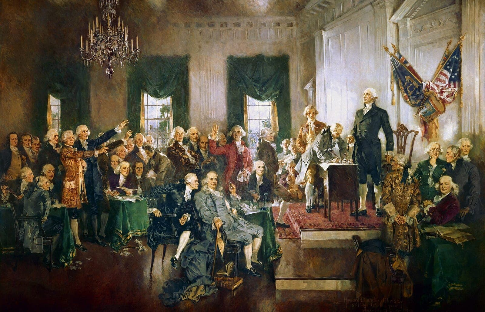 Howard Chandler Christy's painting of delegates at the signing of the U.S. Constitution in 1787, illustrating an AP US History LEQ on how ideas about government changed from 1754 to 1800